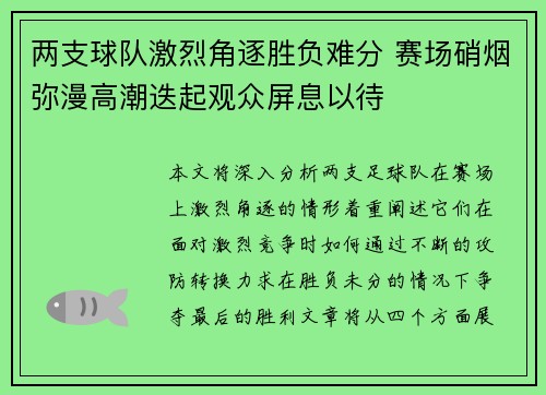 两支球队激烈角逐胜负难分 赛场硝烟弥漫高潮迭起观众屏息以待