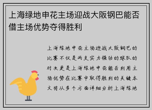 上海绿地申花主场迎战大阪钢巴能否借主场优势夺得胜利