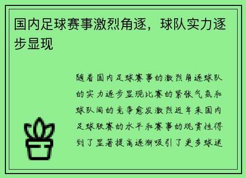 国内足球赛事激烈角逐，球队实力逐步显现