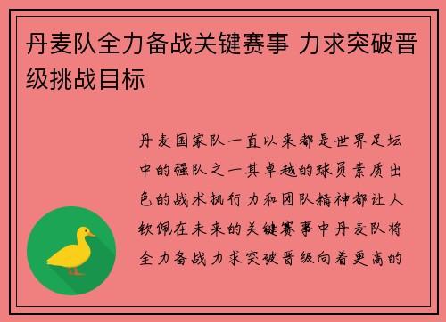 丹麦队全力备战关键赛事 力求突破晋级挑战目标