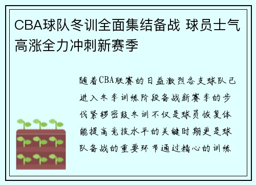 CBA球队冬训全面集结备战 球员士气高涨全力冲刺新赛季