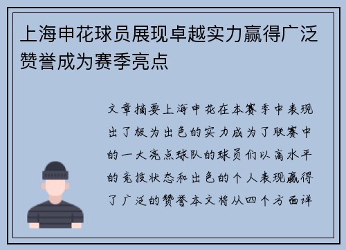 上海申花球员展现卓越实力赢得广泛赞誉成为赛季亮点