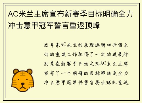 AC米兰主席宣布新赛季目标明确全力冲击意甲冠军誓言重返顶峰
