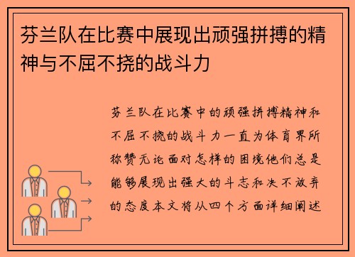 芬兰队在比赛中展现出顽强拼搏的精神与不屈不挠的战斗力