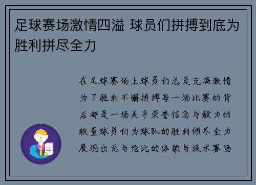 足球赛场激情四溢 球员们拼搏到底为胜利拼尽全力