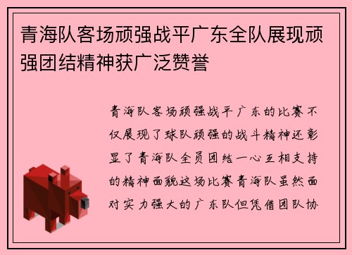 青海队客场顽强战平广东全队展现顽强团结精神获广泛赞誉