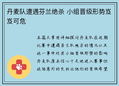 丹麦队遭遇芬兰绝杀 小组晋级形势岌岌可危