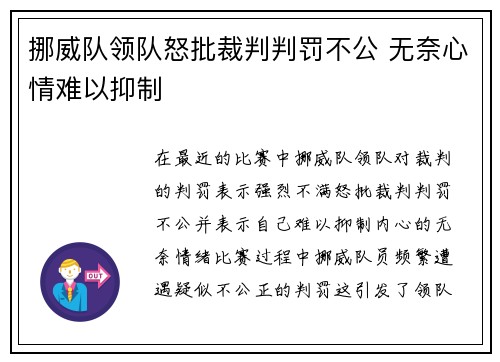 挪威队领队怒批裁判判罚不公 无奈心情难以抑制